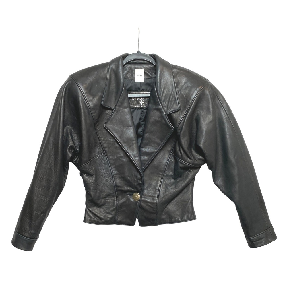 Patricia Wolf Leather Western Jacket XS Black Made in Texas Silver Button Crop